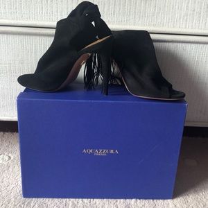 Aquazzura fringe tie sandal black suede size 37.5